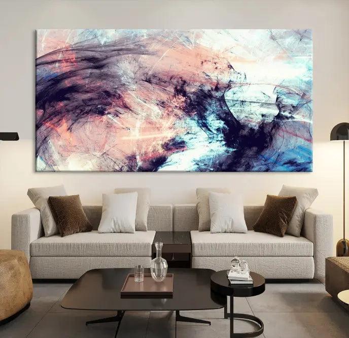 The Abstract Colors Wall Art Canvas Print features a triptych design with swirling purple, pink, and blue hues. This museum-quality piece on polycotton canvas is expertly hand-assembled and comes ready to hang.