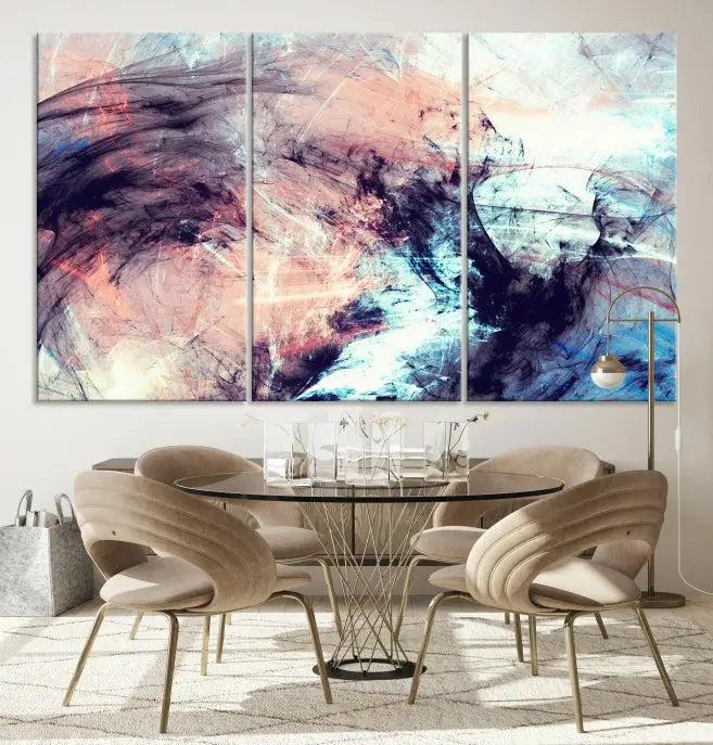 The Abstract Colors Wall Art Canvas Print features a triptych design with swirling purple, pink, and blue hues. This museum-quality piece on polycotton canvas is expertly hand-assembled and comes ready to hang.