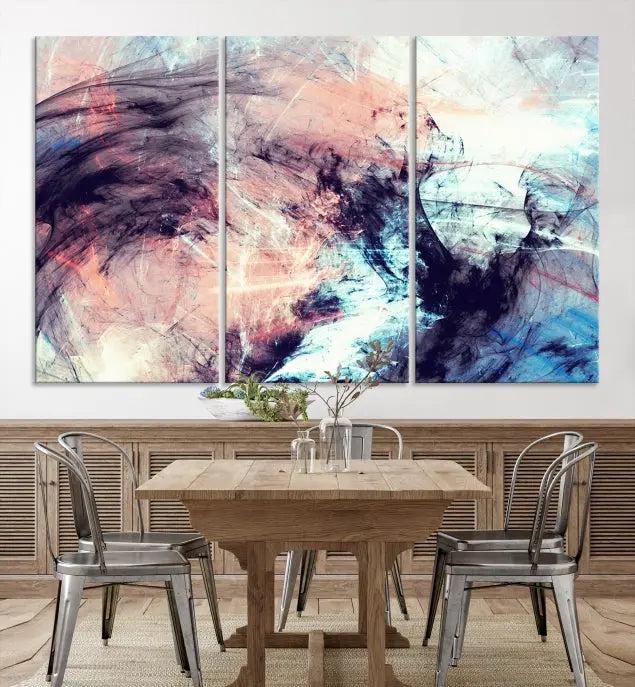 The Abstract Colors Wall Art Canvas Print features a triptych design with swirling purple, pink, and blue hues. This museum-quality piece on polycotton canvas is expertly hand-assembled and comes ready to hang.