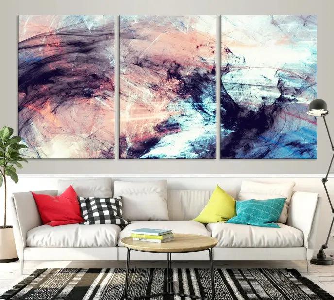 The Abstract Colors Wall Art Canvas Print features a triptych design with swirling purple, pink, and blue hues. This museum-quality piece on polycotton canvas is expertly hand-assembled and comes ready to hang.