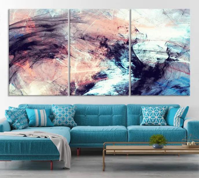 The Abstract Colors Wall Art Canvas Print features a triptych design with swirling purple, pink, and blue hues. This museum-quality piece on polycotton canvas is expertly hand-assembled and comes ready to hang.