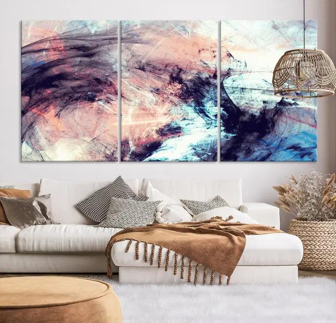 The Abstract Colors Wall Art Canvas Print features a triptych design with swirling purple, pink, and blue hues. This museum-quality piece on polycotton canvas is expertly hand-assembled and comes ready to hang.