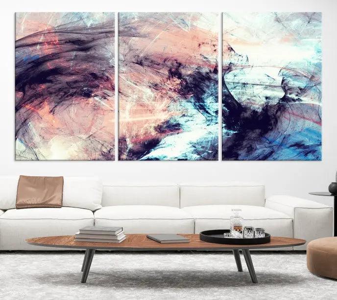 The Abstract Colors Wall Art Canvas Print features a triptych design with swirling purple, pink, and blue hues. This museum-quality piece on polycotton canvas is expertly hand-assembled and comes ready to hang.