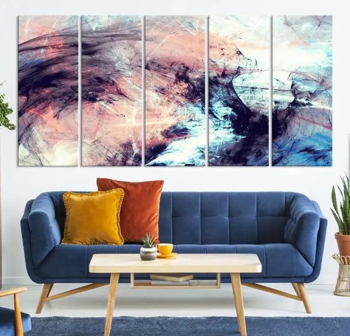 The Abstract Colors Wall Art Canvas Print features a triptych design with swirling purple, pink, and blue hues. This museum-quality piece on polycotton canvas is expertly hand-assembled and comes ready to hang.