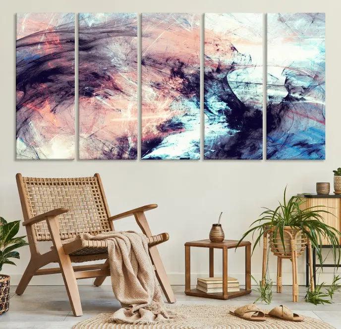 The Abstract Colors Wall Art Canvas Print features a triptych design with swirling purple, pink, and blue hues. This museum-quality piece on polycotton canvas is expertly hand-assembled and comes ready to hang.