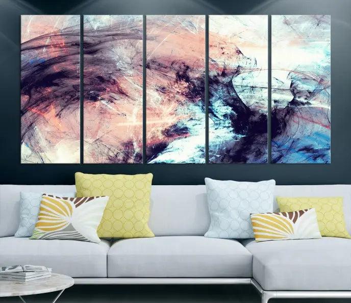 The Abstract Colors Wall Art Canvas Print features a triptych design with swirling purple, pink, and blue hues. This museum-quality piece on polycotton canvas is expertly hand-assembled and comes ready to hang.