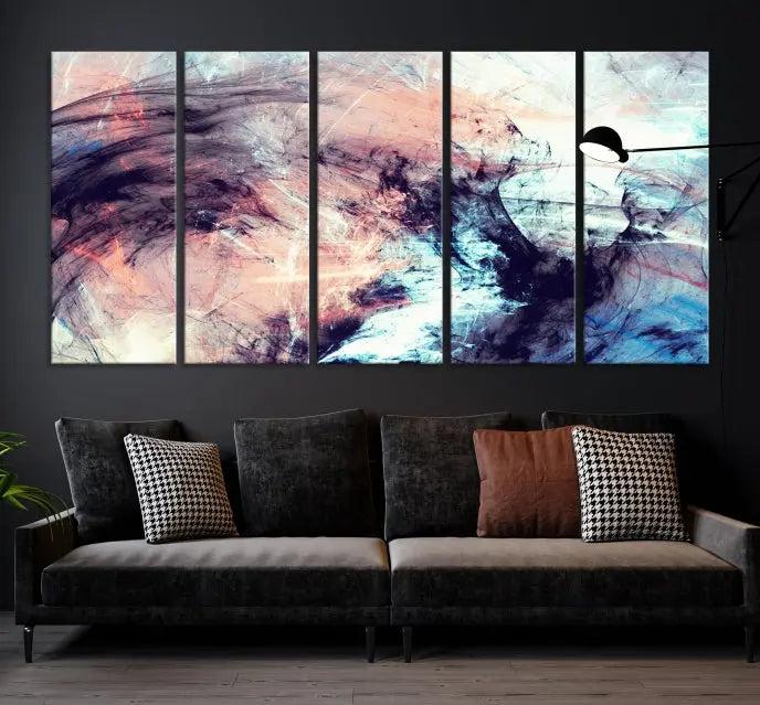 The Abstract Colors Wall Art Canvas Print features a triptych design with swirling purple, pink, and blue hues. This museum-quality piece on polycotton canvas is expertly hand-assembled and comes ready to hang.