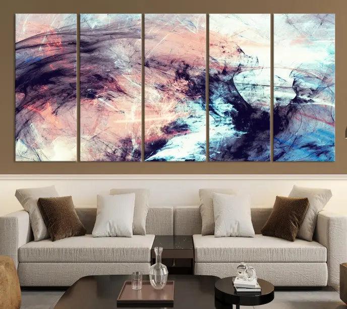 The Abstract Colors Wall Art Canvas Print features a triptych design with swirling purple, pink, and blue hues. This museum-quality piece on polycotton canvas is expertly hand-assembled and comes ready to hang.