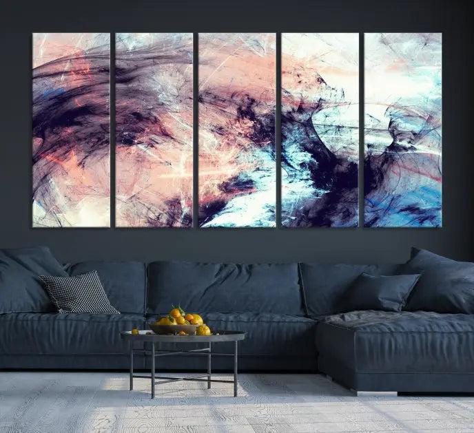 The Abstract Colors Wall Art Canvas Print features a triptych design with swirling purple, pink, and blue hues. This museum-quality piece on polycotton canvas is expertly hand-assembled and comes ready to hang.