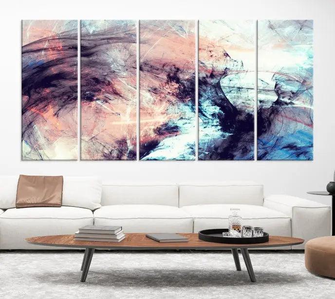 The Abstract Colors Wall Art Canvas Print features a triptych design with swirling purple, pink, and blue hues. This museum-quality piece on polycotton canvas is expertly hand-assembled and comes ready to hang.