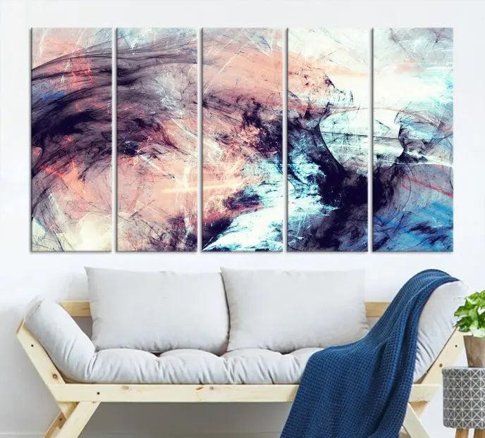 The Abstract Colors Wall Art Canvas Print features a triptych design with swirling purple, pink, and blue hues. This museum-quality piece on polycotton canvas is expertly hand-assembled and comes ready to hang.