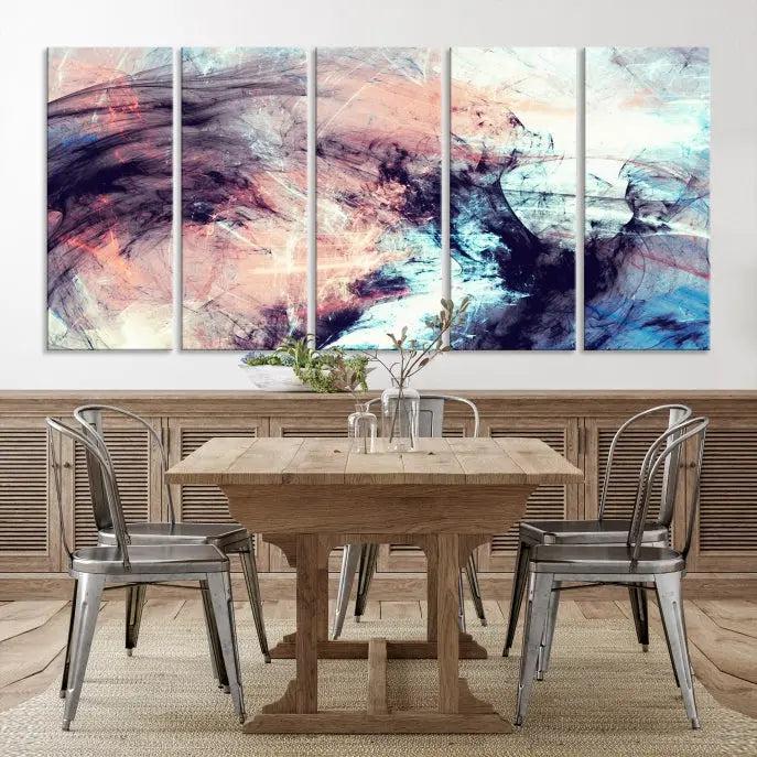 The Abstract Colors Wall Art Canvas Print features a triptych design with swirling purple, pink, and blue hues. This museum-quality piece on polycotton canvas is expertly hand-assembled and comes ready to hang.