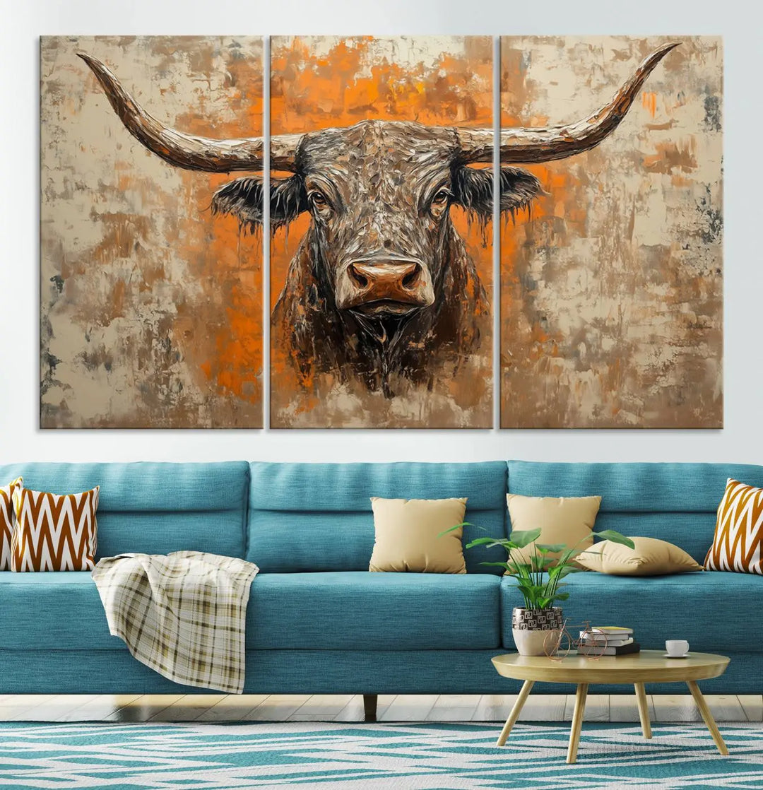 The Abstract Cow Longhorn Bull Wall Art Canvas Print, also known as Rustic Texas Western Cattle Artwork, captures the essence of rustic wall decor with its depiction of a longhorn bull with distinctive, curved horns against a textured, orange and beige abstract background. It's an ideal choice for introducing nature-inspired elements to any environment.