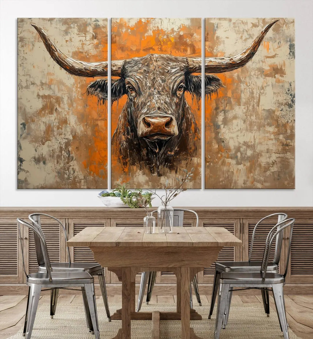 The Abstract Cow Longhorn Bull Wall Art Canvas Print, also known as Rustic Texas Western Cattle Artwork, captures the essence of rustic wall decor with its depiction of a longhorn bull with distinctive, curved horns against a textured, orange and beige abstract background. It's an ideal choice for introducing nature-inspired elements to any environment.