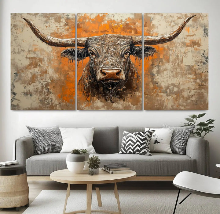 The Abstract Cow Longhorn Bull Wall Art Canvas Print, also known as Rustic Texas Western Cattle Artwork, captures the essence of rustic wall decor with its depiction of a longhorn bull with distinctive, curved horns against a textured, orange and beige abstract background. It's an ideal choice for introducing nature-inspired elements to any environment.