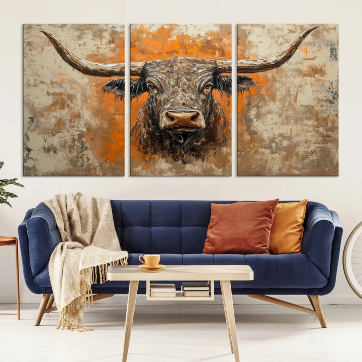 The Abstract Cow Longhorn Bull Wall Art Canvas Print, also known as Rustic Texas Western Cattle Artwork, captures the essence of rustic wall decor with its depiction of a longhorn bull with distinctive, curved horns against a textured, orange and beige abstract background. It's an ideal choice for introducing nature-inspired elements to any environment.