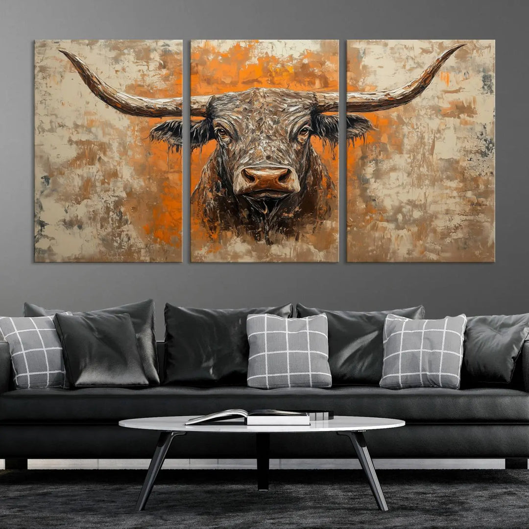 The Abstract Cow Longhorn Bull Wall Art Canvas Print, also known as Rustic Texas Western Cattle Artwork, captures the essence of rustic wall decor with its depiction of a longhorn bull with distinctive, curved horns against a textured, orange and beige abstract background. It's an ideal choice for introducing nature-inspired elements to any environment.