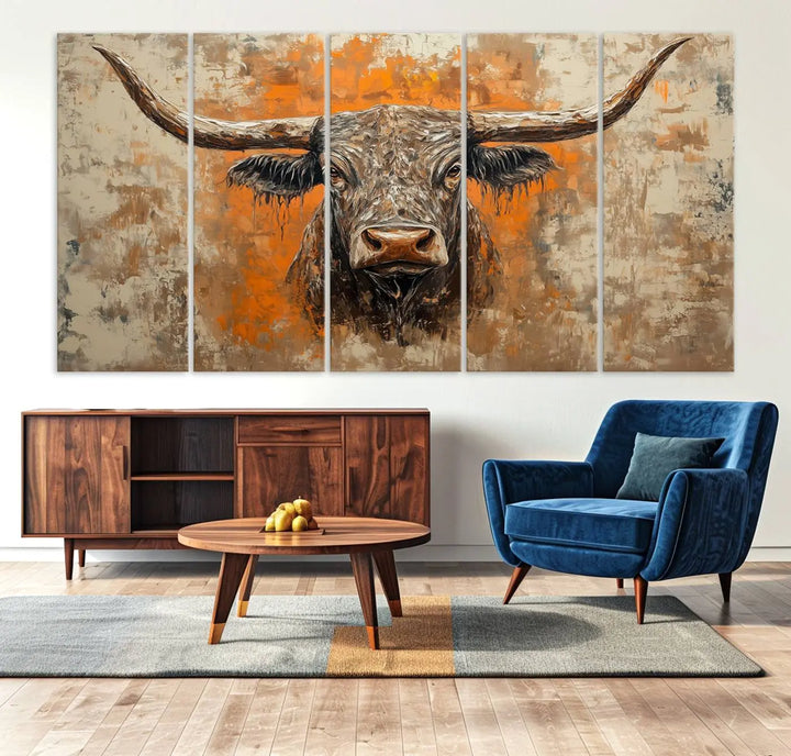 The Abstract Cow Longhorn Bull Wall Art Canvas Print, also known as Rustic Texas Western Cattle Artwork, captures the essence of rustic wall decor with its depiction of a longhorn bull with distinctive, curved horns against a textured, orange and beige abstract background. It's an ideal choice for introducing nature-inspired elements to any environment.