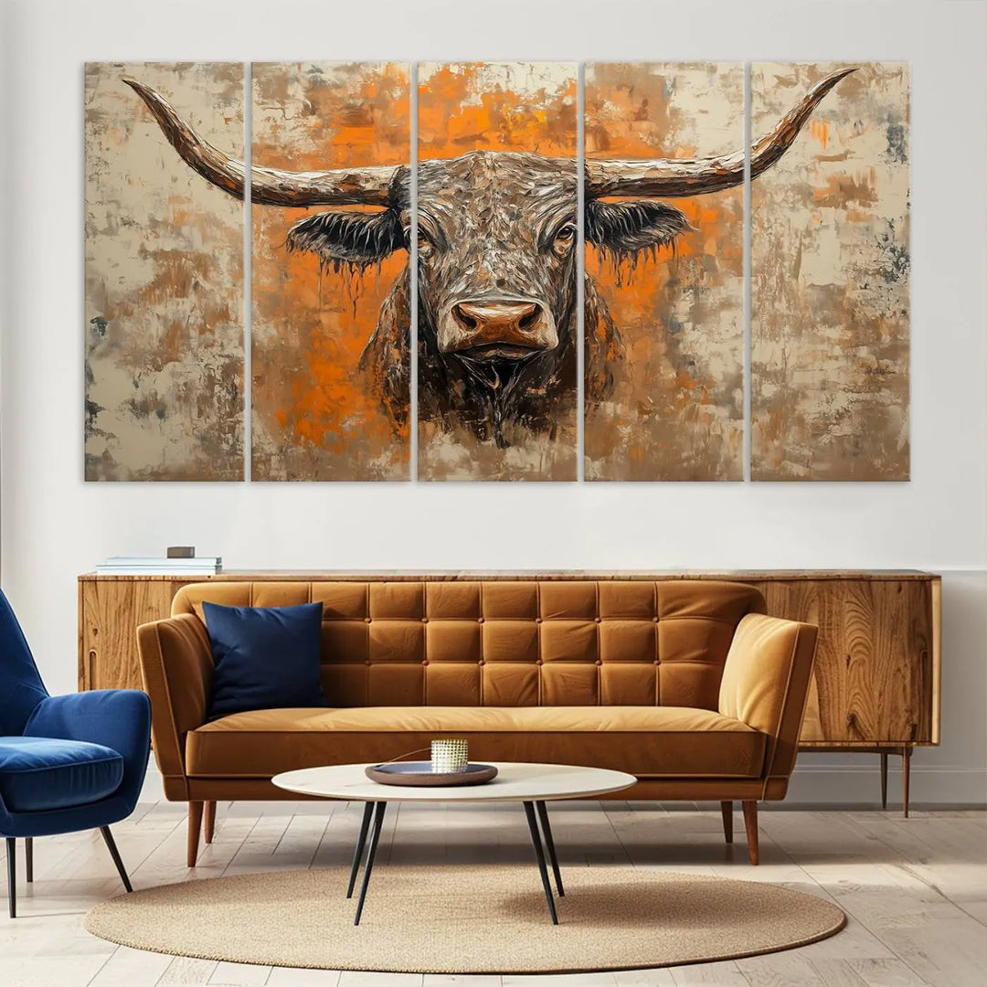 The Abstract Cow Longhorn Bull Wall Art Canvas Print, also known as Rustic Texas Western Cattle Artwork, captures the essence of rustic wall decor with its depiction of a longhorn bull with distinctive, curved horns against a textured, orange and beige abstract background. It's an ideal choice for introducing nature-inspired elements to any environment.