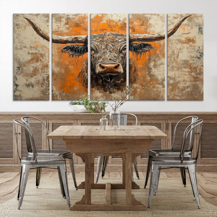 The Abstract Cow Longhorn Bull Wall Art Canvas Print, also known as Rustic Texas Western Cattle Artwork, captures the essence of rustic wall decor with its depiction of a longhorn bull with distinctive, curved horns against a textured, orange and beige abstract background. It's an ideal choice for introducing nature-inspired elements to any environment.