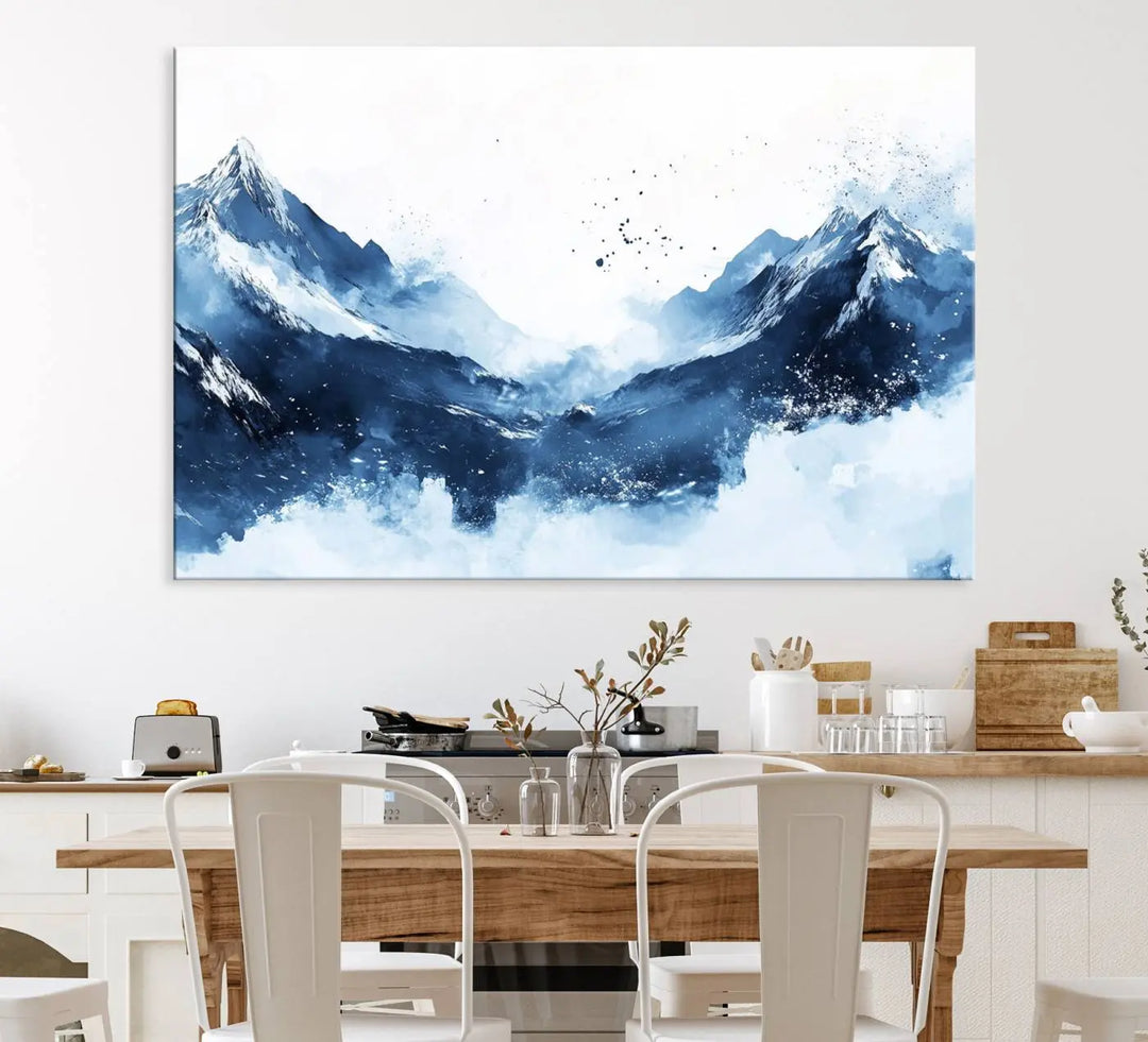 An Abstract Deep Blue Mountain Canvas Wall Art Print in blue and white.