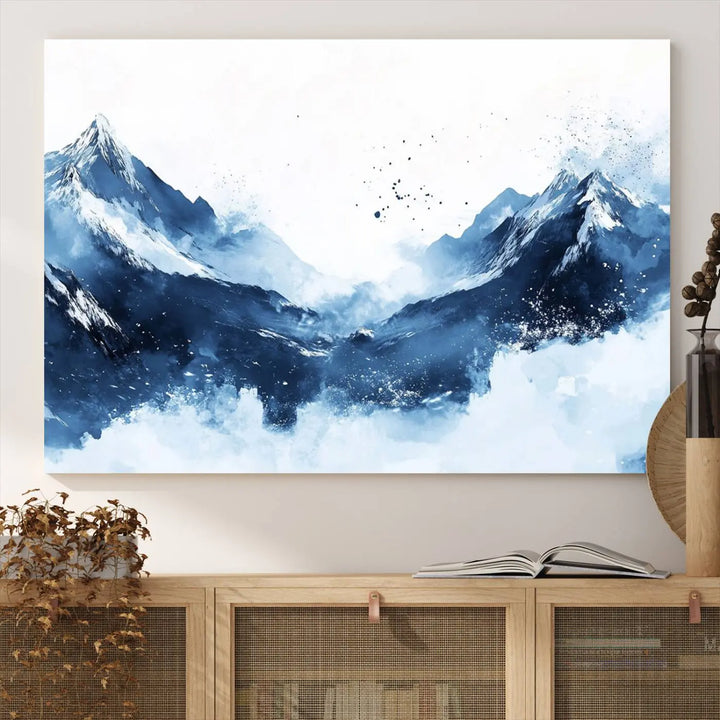 An Abstract Deep Blue Mountain Canvas Wall Art Print in blue and white.