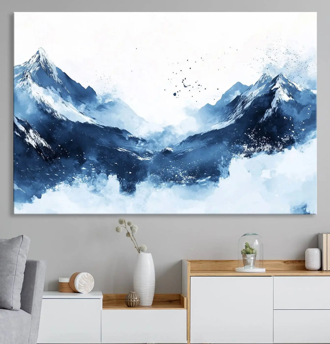 An Abstract Deep Blue Mountain Canvas Wall Art Print in blue and white.