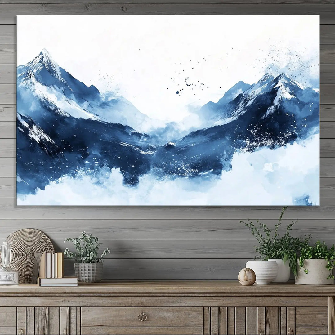 An Abstract Deep Blue Mountain Canvas Wall Art Print in blue and white.