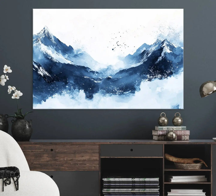 An Abstract Deep Blue Mountain Canvas Wall Art Print in blue and white.