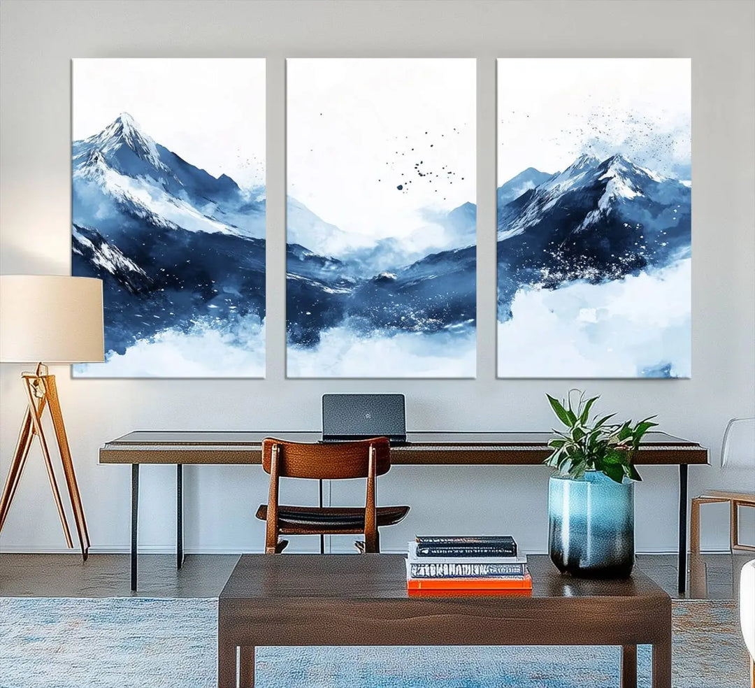 An Abstract Deep Blue Mountain Canvas Wall Art Print in blue and white.