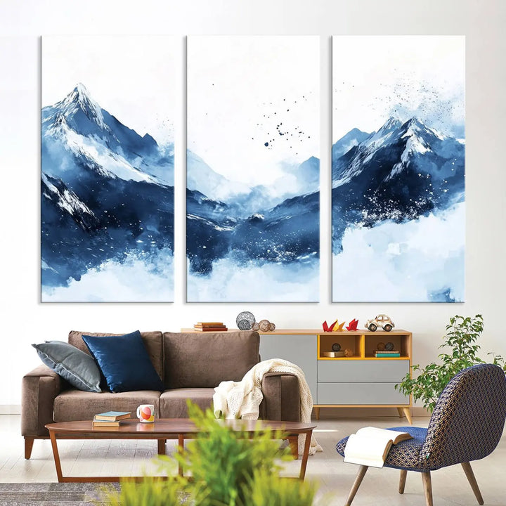 An Abstract Deep Blue Mountain Canvas Wall Art Print in blue and white.