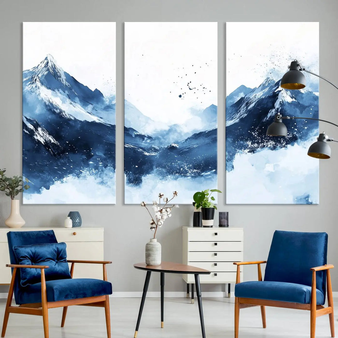 An Abstract Deep Blue Mountain Canvas Wall Art Print in blue and white.