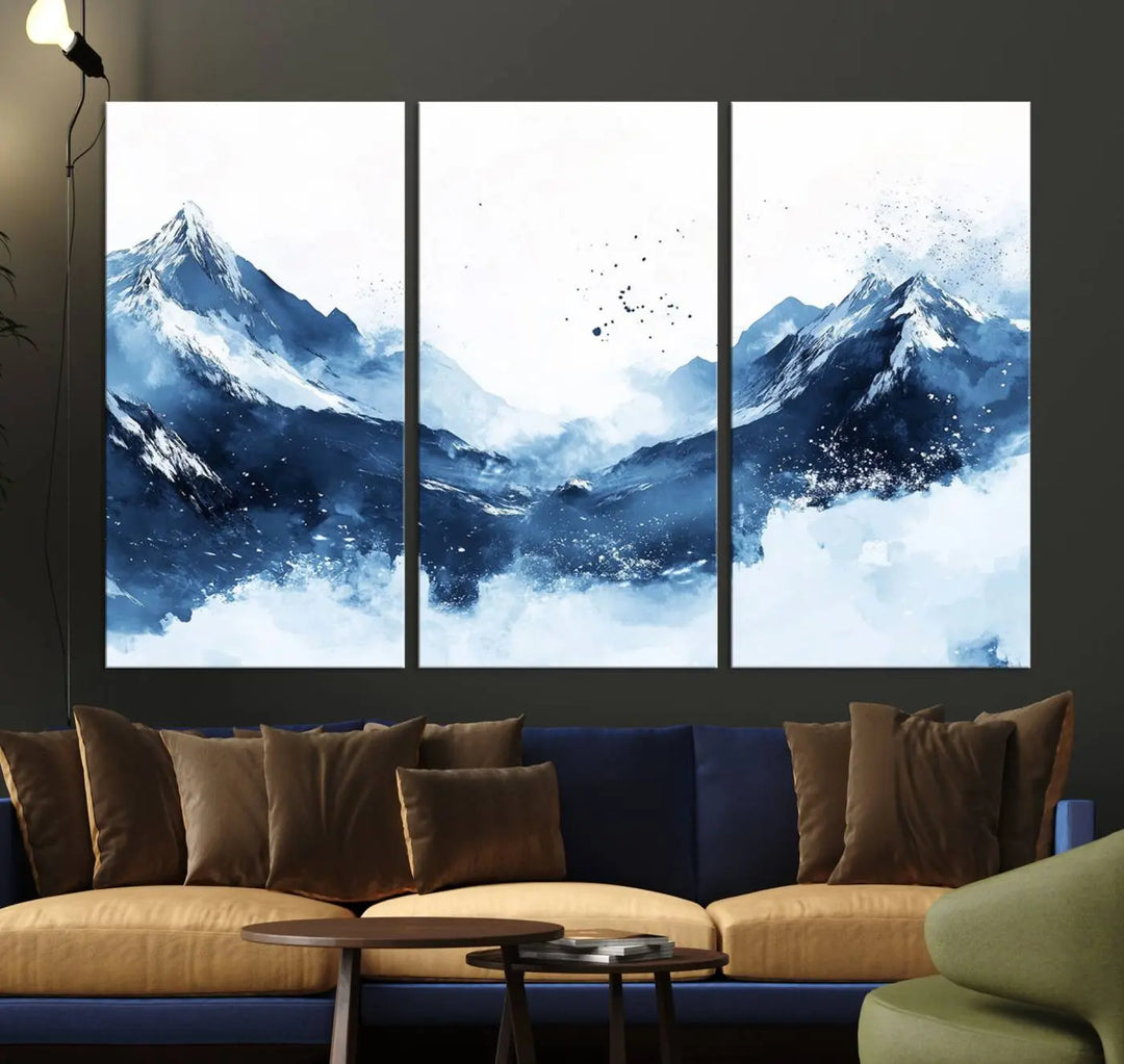 An Abstract Deep Blue Mountain Canvas Wall Art Print in blue and white.