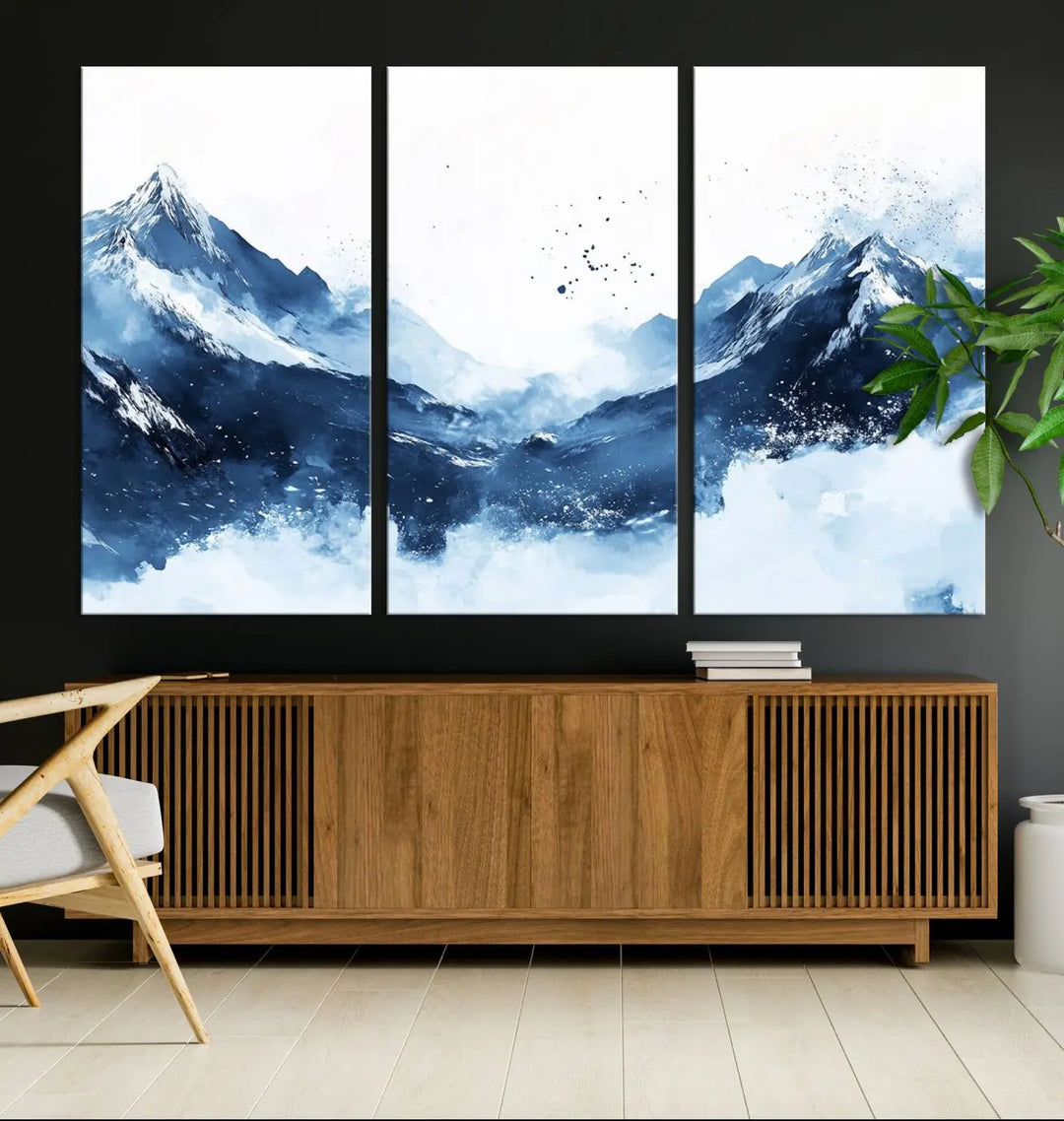 An Abstract Deep Blue Mountain Canvas Wall Art Print in blue and white.