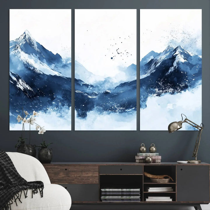 An Abstract Deep Blue Mountain Canvas Wall Art Print in blue and white.