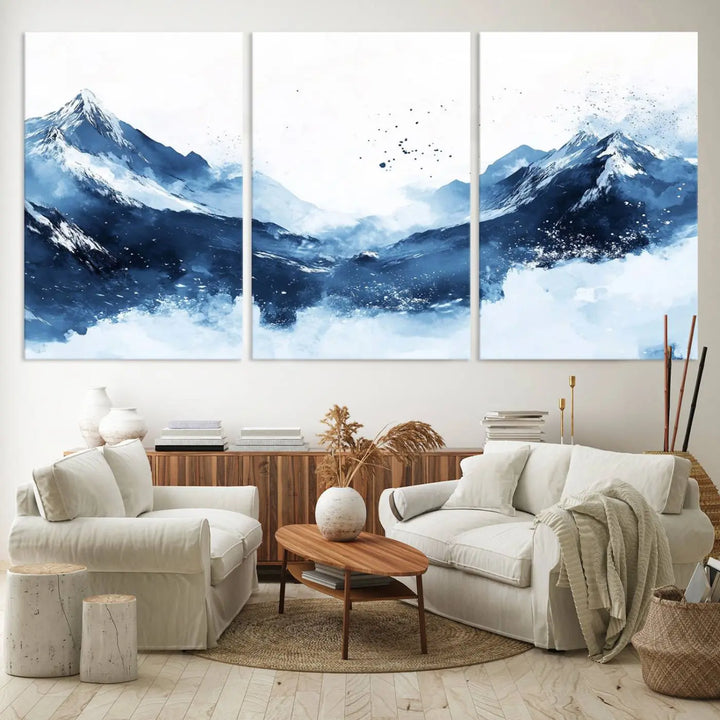 An Abstract Deep Blue Mountain Canvas Wall Art Print in blue and white.