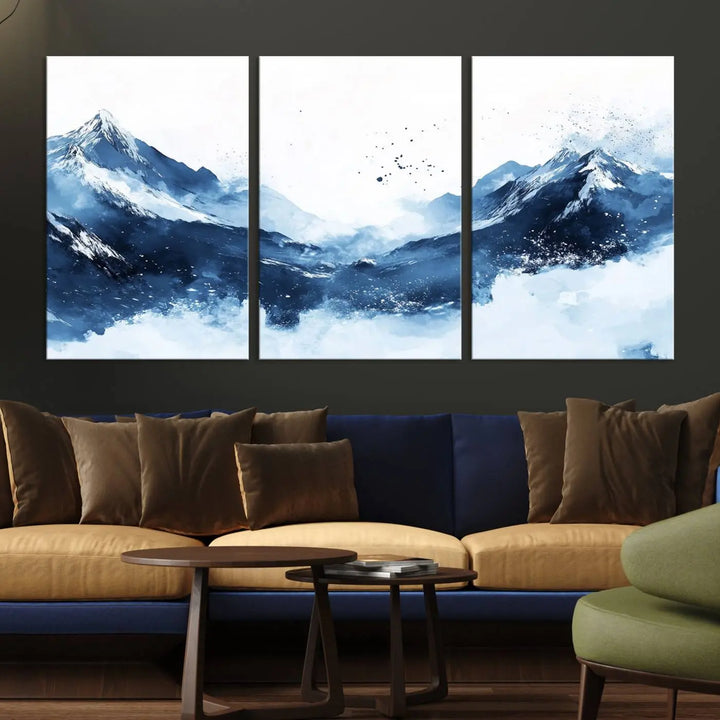 An Abstract Deep Blue Mountain Canvas Wall Art Print in blue and white.