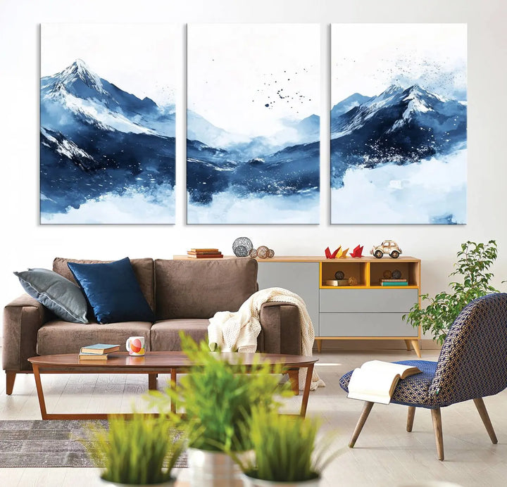 An Abstract Deep Blue Mountain Canvas Wall Art Print in blue and white.