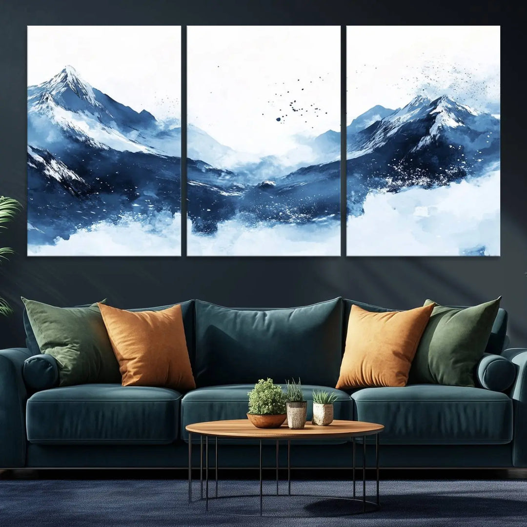 An Abstract Deep Blue Mountain Canvas Wall Art Print in blue and white.