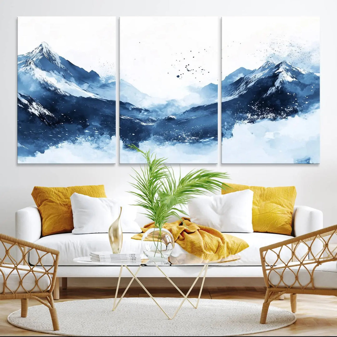 An Abstract Deep Blue Mountain Canvas Wall Art Print in blue and white.