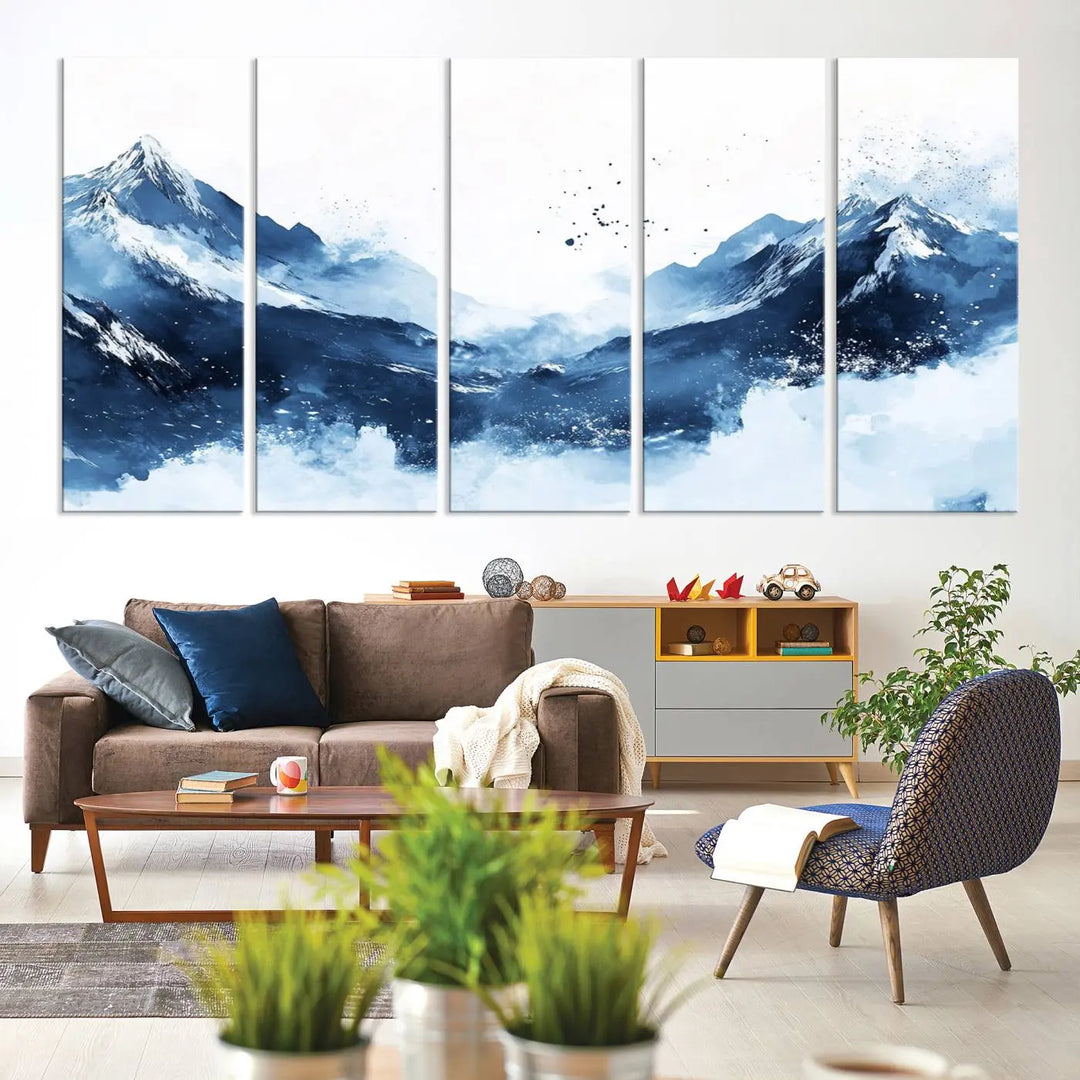 An Abstract Deep Blue Mountain Canvas Wall Art Print in blue and white.