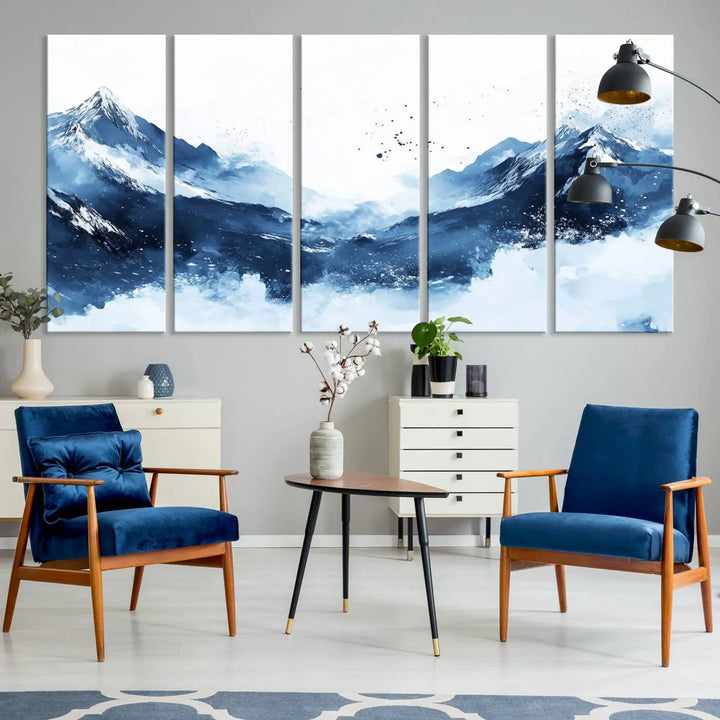 An Abstract Deep Blue Mountain Canvas Wall Art Print in blue and white.