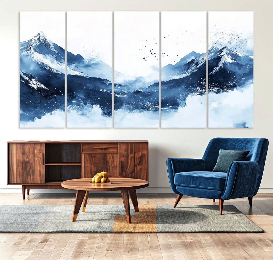 An Abstract Deep Blue Mountain Canvas Wall Art Print in blue and white.