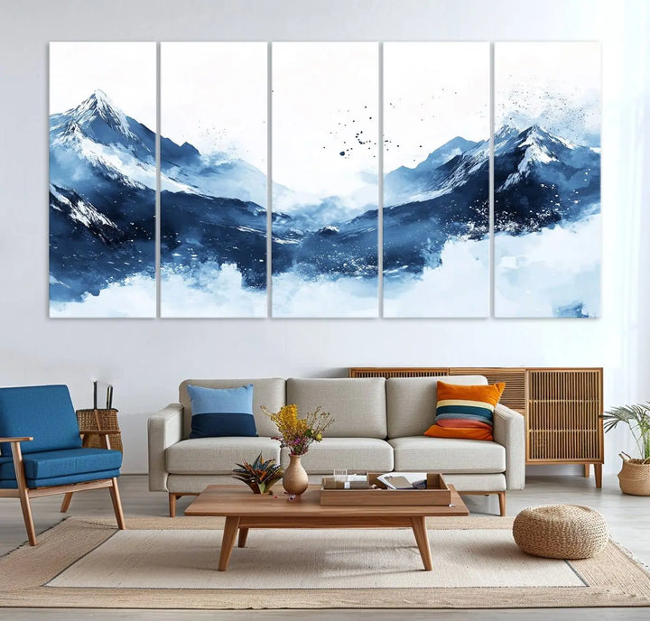 An Abstract Deep Blue Mountain Canvas Wall Art Print in blue and white.