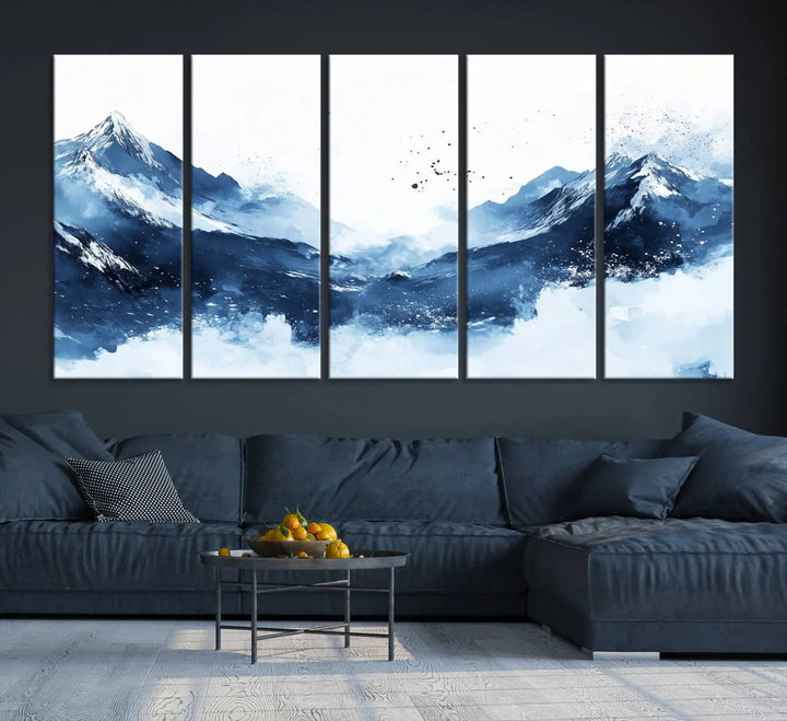 An Abstract Deep Blue Mountain Canvas Wall Art Print in blue and white.