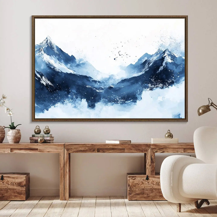 An Abstract Deep Blue Mountain Canvas Wall Art Print in blue and white.