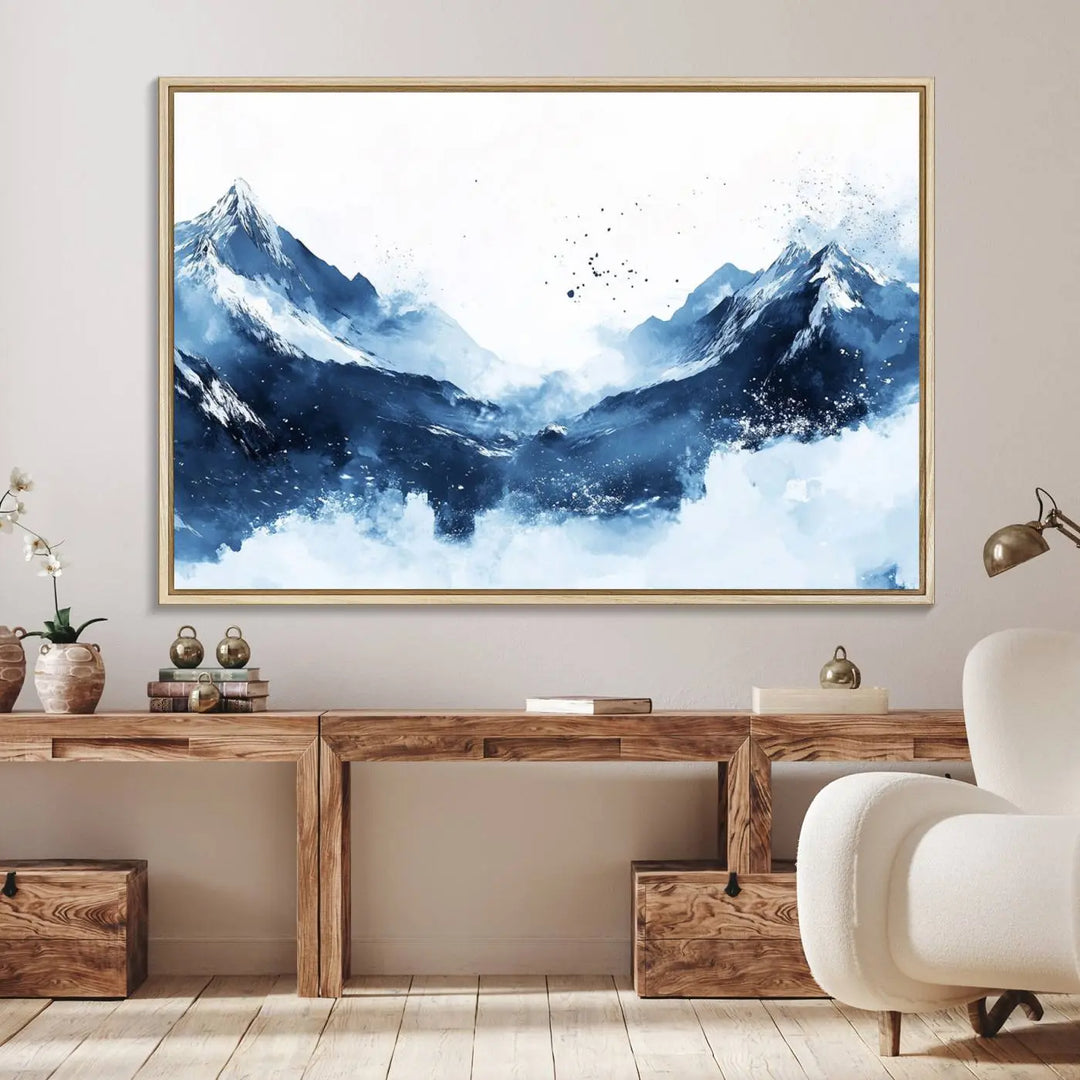 An Abstract Deep Blue Mountain Canvas Wall Art Print in blue and white.