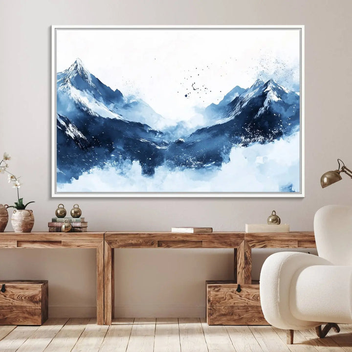 An Abstract Deep Blue Mountain Canvas Wall Art Print in blue and white.