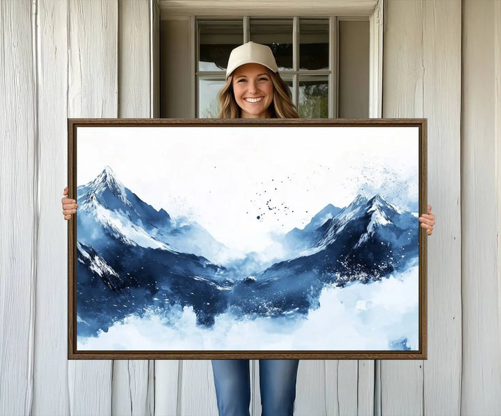 An Abstract Deep Blue Mountain Canvas Wall Art Print in blue and white.