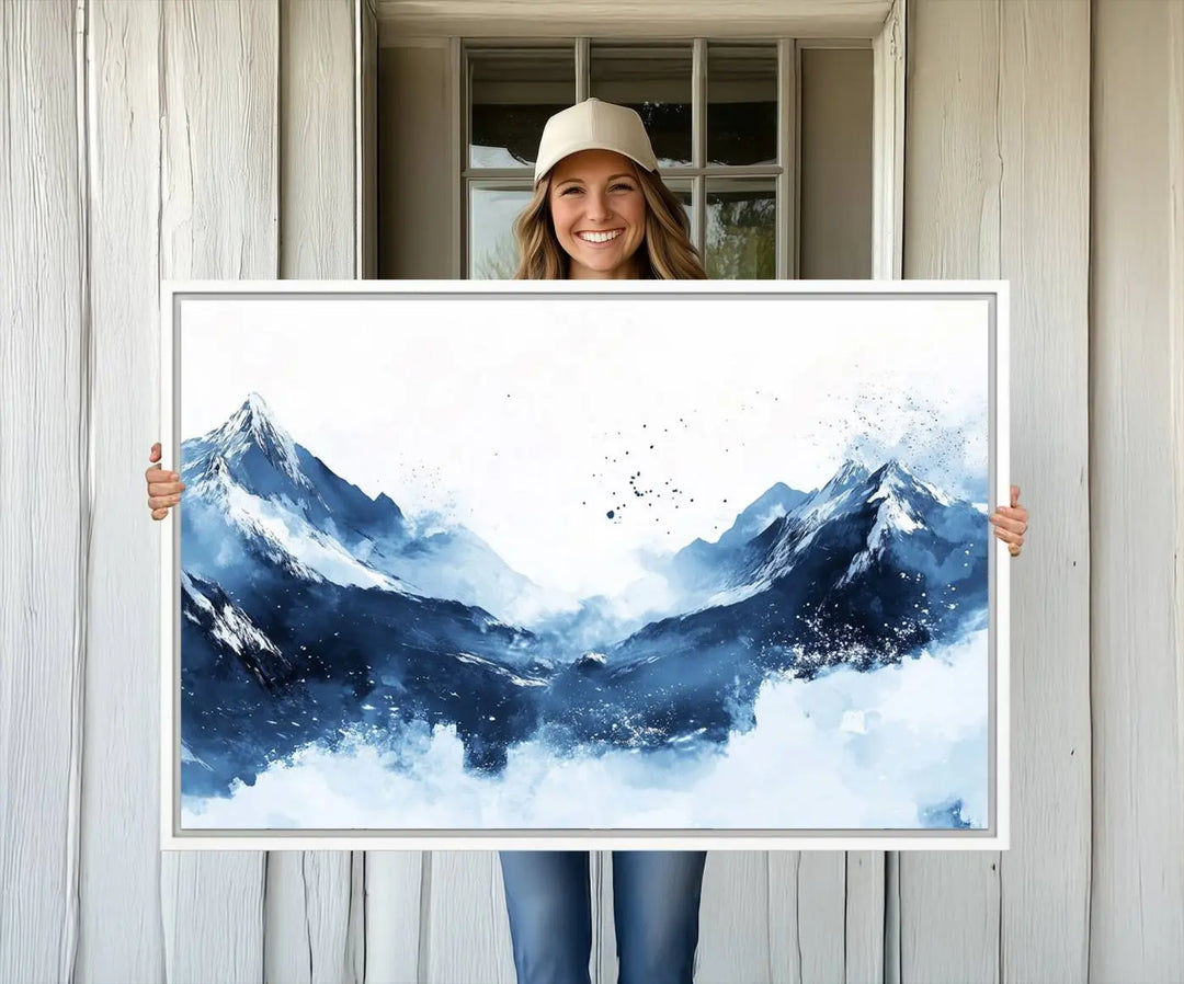 An Abstract Deep Blue Mountain Canvas Wall Art Print in blue and white.